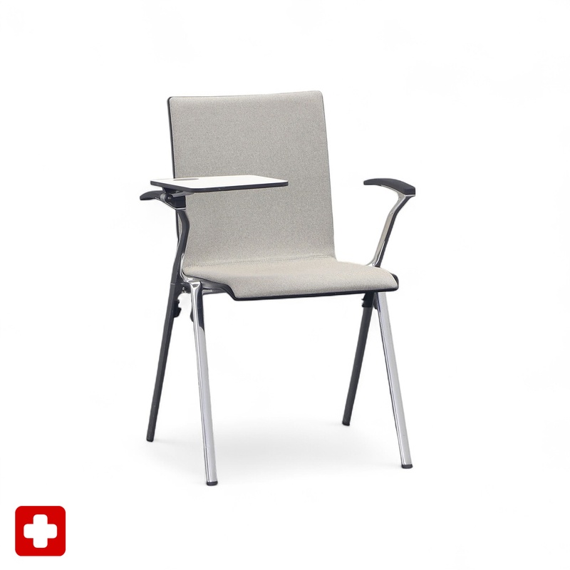 Image of Dietiker Men-Collection stacking chair with writing shelf Gray with fixed armrests, Normal used - Perfect for office and reception
