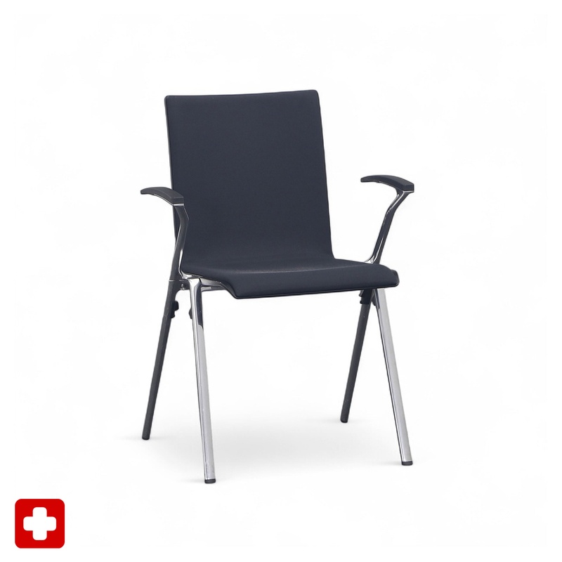 Image of Dietiker Men-Collection stacking chair Black/Chrome-plated with fixed armrests, Normal used - Perfect for office and reception