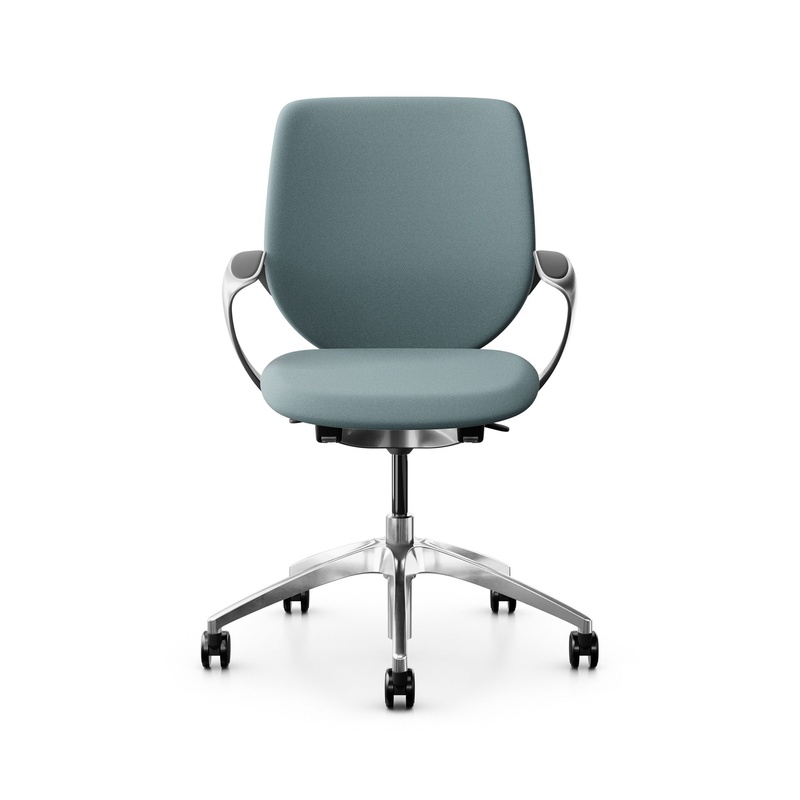 Image of Swivel chair backrest configurable Giroflex 313 with upholstered backrest, with fixed armrests Light blue/Chrome-plated, New