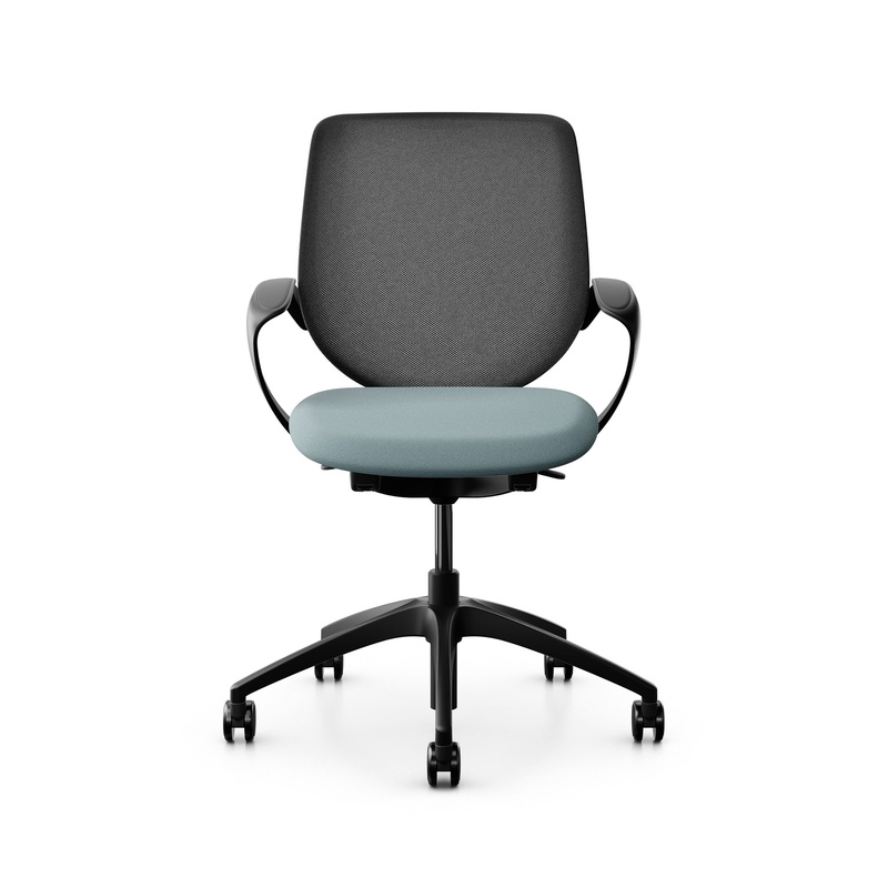 Image of Swivel chair backrest configurable Giroflex 313 with mesh backrest, with fixed armrests Light blue/Black, New