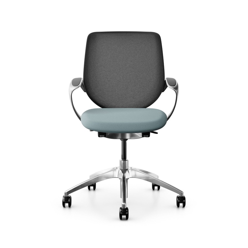 Image of Swivel chair backrest configurable Giroflex 313 with mesh backrest, with fixed armrests Light blue/Chrome-plated, New