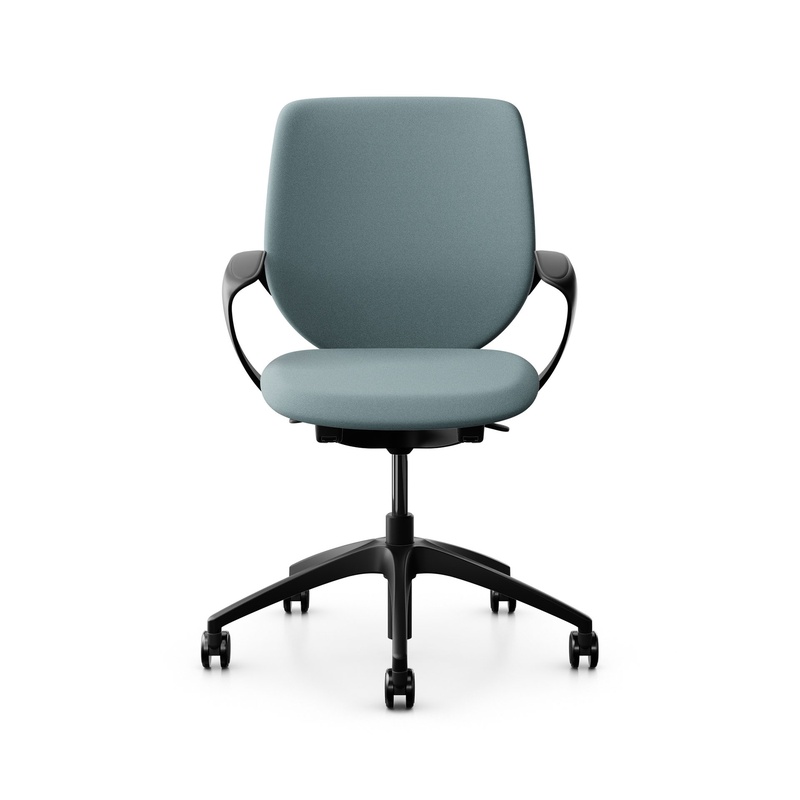 Image of Swivel chair backrest configurable Giroflex 313 with upholstered backrest, with fixed armrests Light blue/Black, New