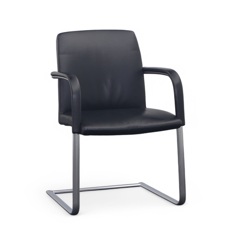 Image of Leather cantilever conference chair Black/Chrome-plated with fixed armrests, Free swinging, Normal used - Perfect for visitors and guests