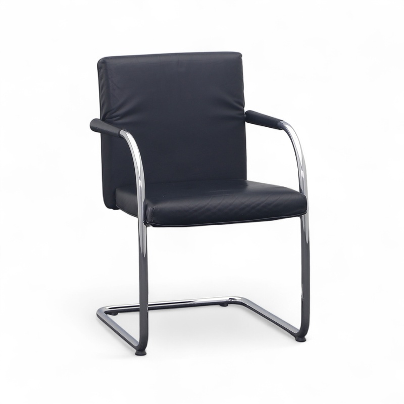 Image of Vitra Visasoft leather cantilever conference chair Black/Chrome-plated with fixed armrests, Free swinging, Normal used - Perfect for visitors and guests