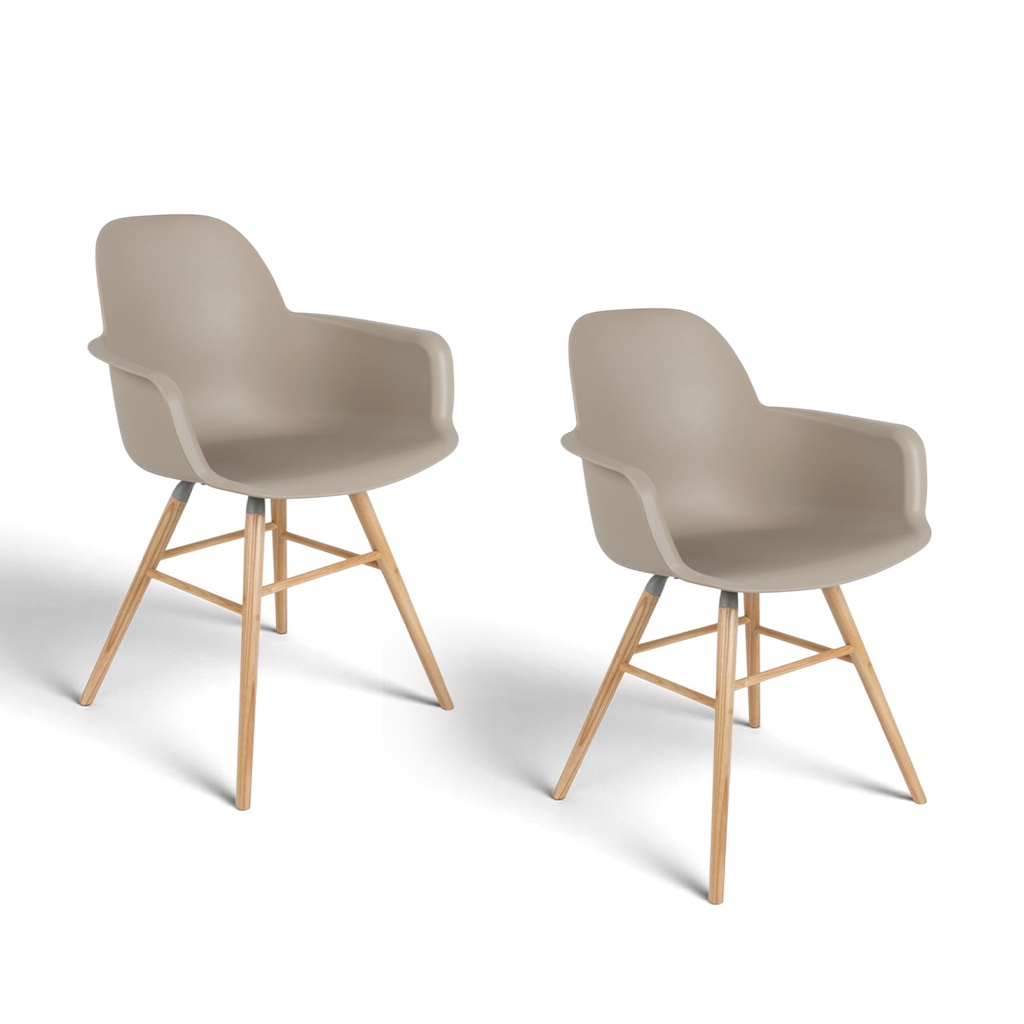 Zuiver Albert Kuip Stuhl - 2er Set Taupe/Holz mit Fixarmlehnen, Neu - Perfekt für komfortables Sitzen